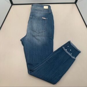 Seven7 Ankle Skinny High Rise Blue Jeans Embellished Raw Hem Size 6 (See Pics).